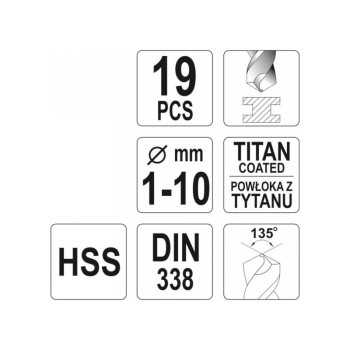 YATO Csigafúró készlet 19 részes 1-10 mm HSS-TiN YATO Csigafúró készlet 19 részes 1-10 mm HSS-TiN