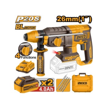 INGCO Akkus kombikalapács 2,5 J SDS-Plus szénkefe nélküli 20 V (2 x 4,0 Ah akku + töltő)