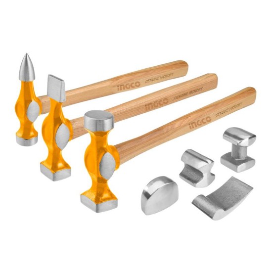 INGCO Karosszériás kalapács és egyengető készlet 7 részes Hickory nyéllel INGCO Karosszériás kalapács és egyengető készlet 7 részes Hickory nyéllel