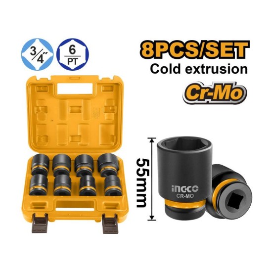 INGCO Gépi dugókulcs készlet 8 részes 3/4'' 26-38 mm CrMo INGCO Gépi dugókulcs készlet 8 részes 3/4'' 26-38 mm CrMo