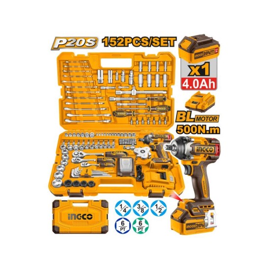INGCO Akkus ütvecsavarozó 500 Nm szénk. nélk. 20 V (1 x 4,0 Ah akku + töltő) + 149 r. szersz. klt