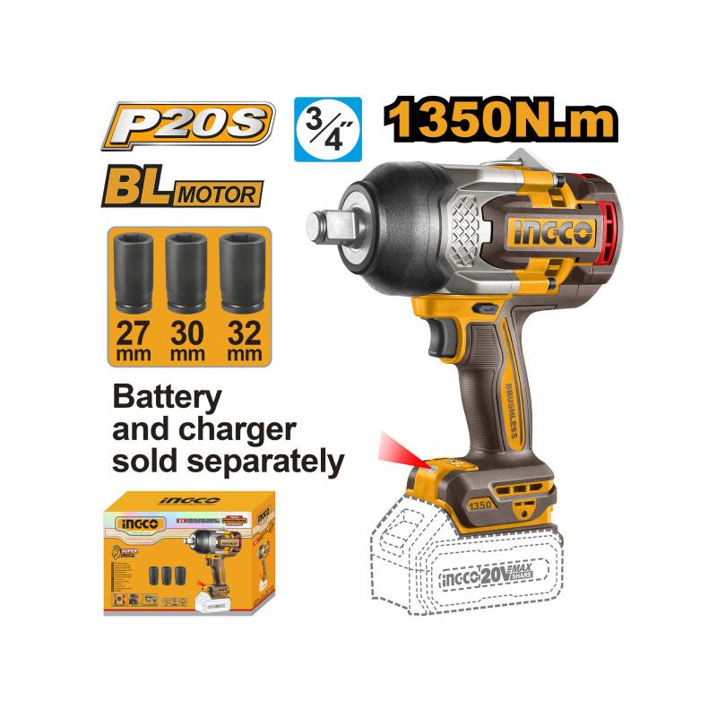 INGCO Akkus ütvecsavarozó 3/4'' 1350 Nm szénkefe nélküli 20 V (akku és töltő nélkül)