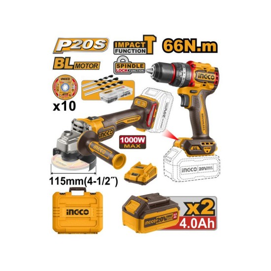 INGCO Akkus erőcsomag 20 V Ütvefúró-csavarozó 66 Nm+Sarokcsiszoló 115 mm (2 db akku + töltő) INGCO Akkus erőcsomag 20 V Ütvefúró-csavarozó 66 Nm+Sarokcsiszoló 115 mm (2 db akku + töltő)