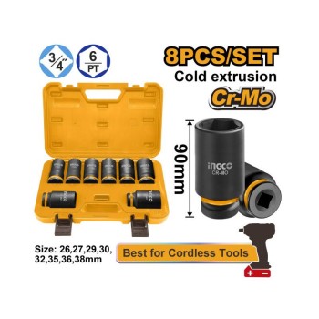INGCO Gépi hosszú dugókulcs készlet 8 részes 3/4'' 26-38 mm CrMo
