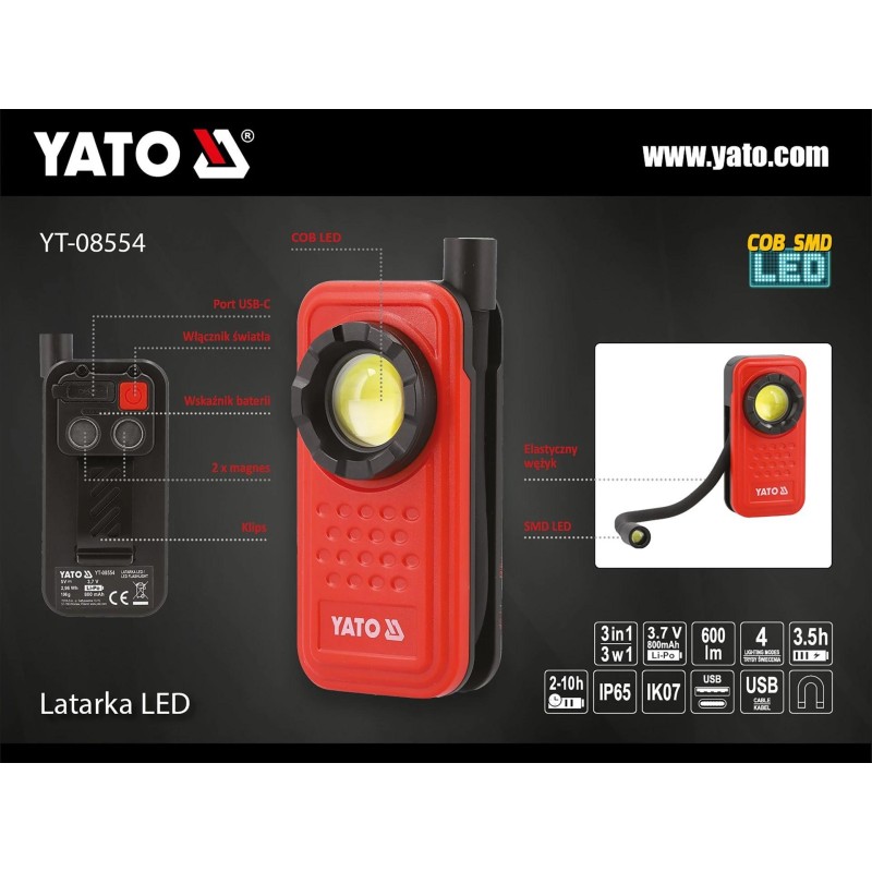 Szerelőlámpa (Zseblámpa) újratölthető USB-s, 600 lm 3 az 1-ben - Yato