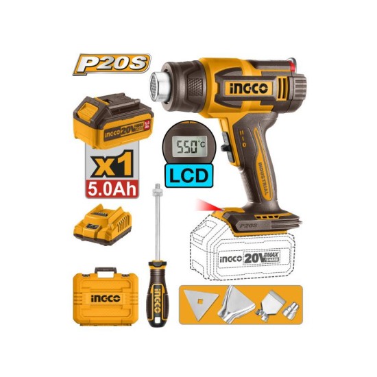 INGCO Akkus hőlégfúvó 550°C LCD kijelző 20 V (1 x 5,0 Ah akku + töltő)