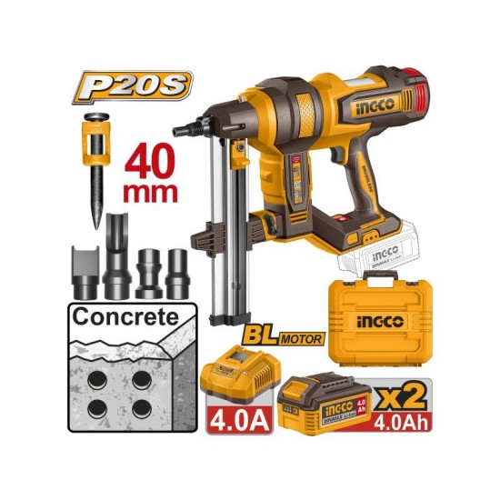 INGCO Akkus beton szögbelövő 40 mm szénkefe nélküli 20 V (2 x 4,0 Ah akku + töltő) INGCO Akkus beton szögbelövő 40 mm szénkefe nélküli 20 V (2 x 4,0 Ah akku + töltő)