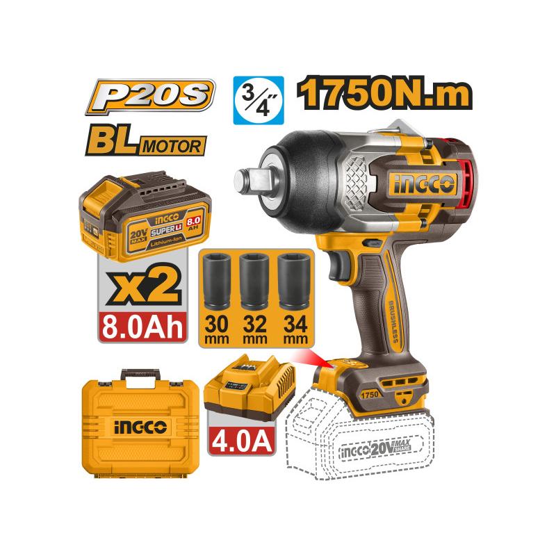 INGCO Akkus ütvecsavarozó 3/4'' 1750 Nm szénkefe nélküli 20 V (2 x 8,0 Ah akku + töltő) INGCO Akkus ütvecsavarozó 3/4'' 1750 Nm szénkefe nélküli 20 V (2 x 8,0 Ah akku + töltő)