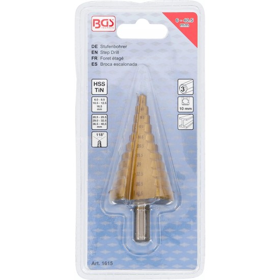 Lemezfúró, lépcsős - 1 db-os HSS 6-40,5 mm TiN bevonat - BGS