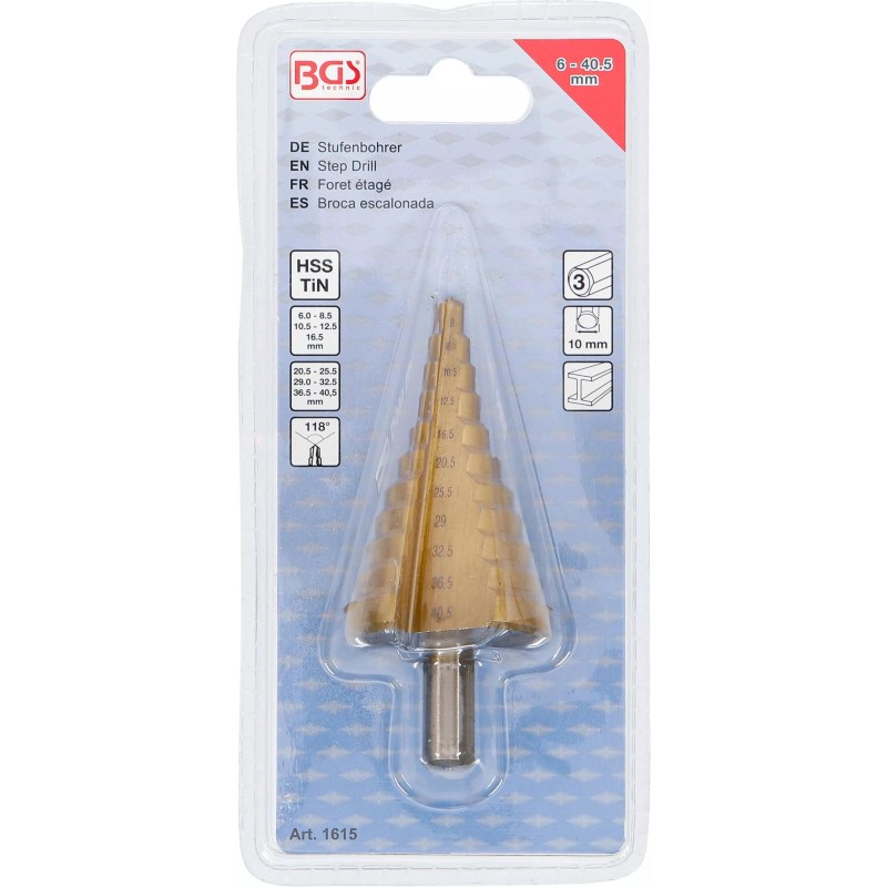 Lemezfúró, lépcsős - 1 db-os HSS 6-40,5 mm TiN bevonat - BGS