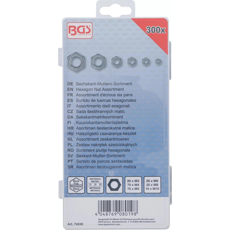 Anyacsavar készlet 300 db-os inox M3 - M10 - BGS Anyacsavar készlet 300 db-os inox M3 - M10 - BGS