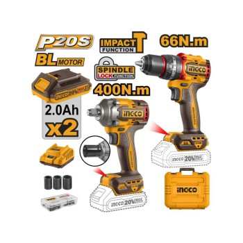 INGCO Akkus erőcsomag 20 V Ütvefúró-csavarozó 66 Nm+Ütvecsavarozó 1/2'' 405 Nm (2 db akku + töltő)