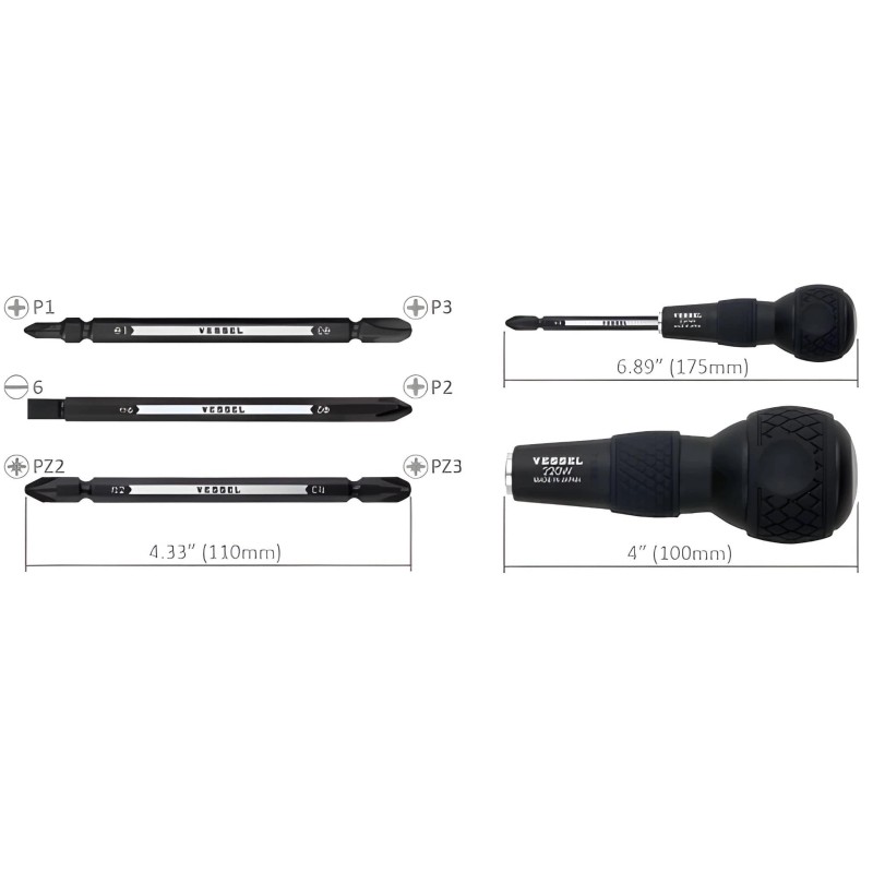 Csavarhúzó bit készlet 3 db-os 6 fej: PH1-3 PZ2-3 lapos 6 mm - Vessel (220W-3) Csavarhúzó bit készlet 3 db-os 6 fej: PH1-3 PZ2-3 lapos 6 mm - Vessel (220W-3)