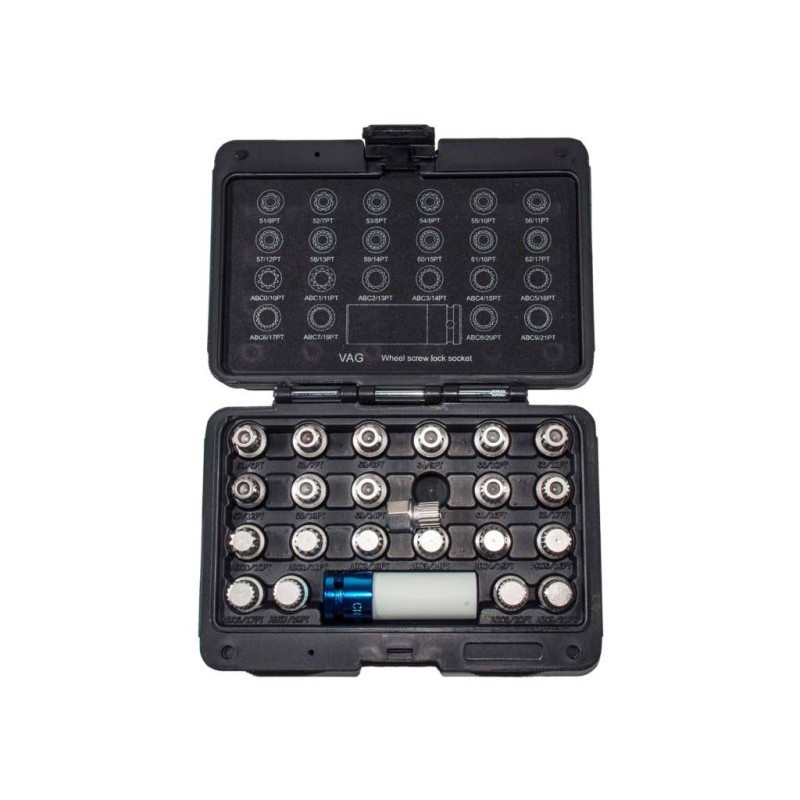 Kerékőr/anyacsavar kulcs készlet VAG, XZN + lyukas Ribe gyári 23 db-os (AT6051B) Kerékőr/anyacsavar kulcs készlet VAG, XZN + lyukas Ribe gyári 23 db-os (AT6051B)