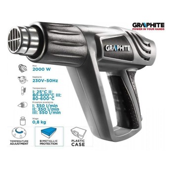 Hőlégfúvó Graphite 2000 W-os 3 fokozatú 25-600°C (59G524)