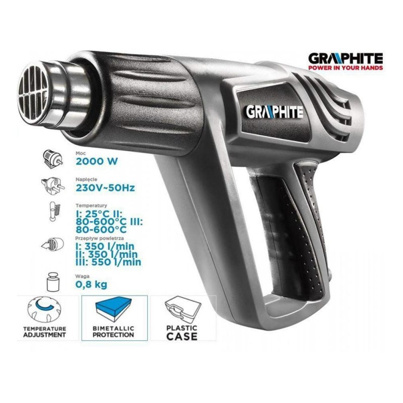 Hőlégfúvó Graphite 2000 W-os 3 fokozatú 25-600°C (59G524)