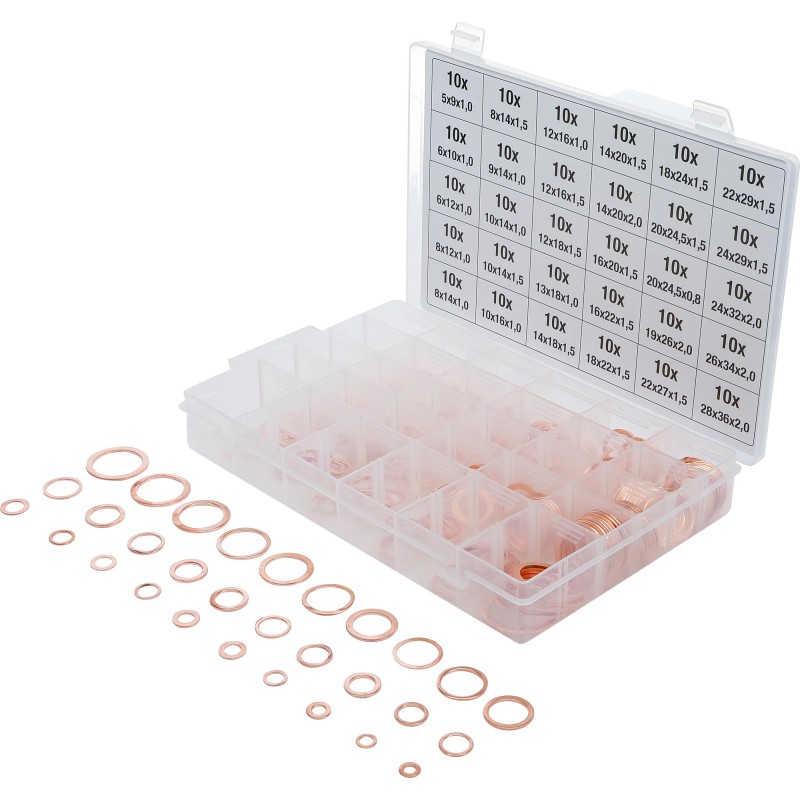 Tömítőgyűrű klt. réz 300 db-os rézalátét BGS (BGS-8142) Tömítőgyűrű klt. réz 300 db-os rézalátét BGS (BGS-8142)