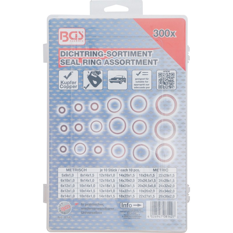 Tömítőgyűrű klt. réz 300 db-os rézalátét BGS (BGS-8142) Tömítőgyűrű klt. réz 300 db-os rézalátét BGS (BGS-8142)
