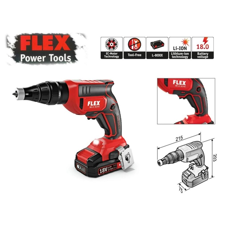 Gipszkarton csav 28Nm 1/4"-os 18V akku nélkül, kofferrel - FLEX (DW 45 18.0-EC) Gipszkarton csav 28Nm 1/4"-os 18V akku nélkül, kofferrel - FLEX (DW 45 18.0-EC)