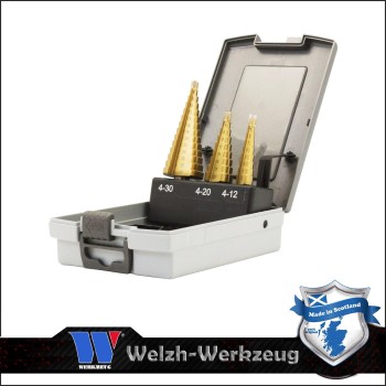 Lemezfúró, lépcsős - készletben 3 db-os HSS TiN 4-30 mm - Welzh (4098-WW)
