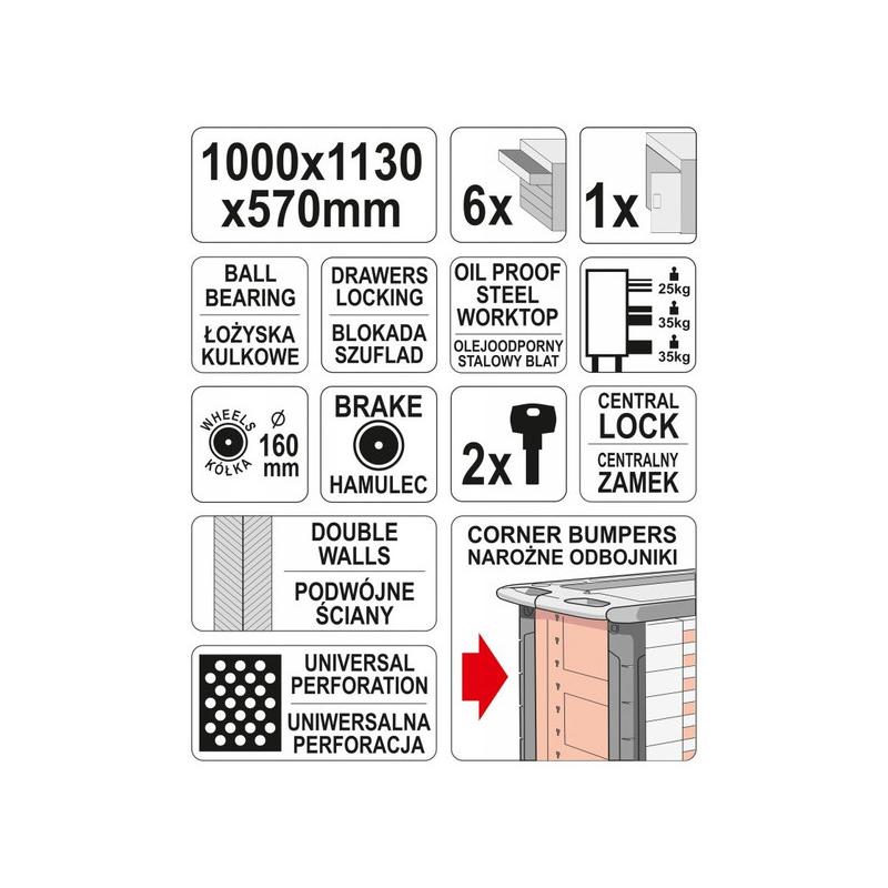 YATO Üres szerszámkocsi 6 fiók + 1 szekrény (YT-09002)