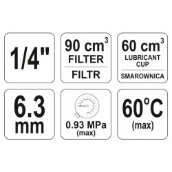 YATO YT-2385 pneumatikus levegőszűrő nyomásszabályzóval és kenőtartállyal 1/4'' 90 cm³ YATO YT-2385 pneumatikus levegőszűrő nyomásszabályzóval és kenőtartállyal 1/4'' 90 cm³