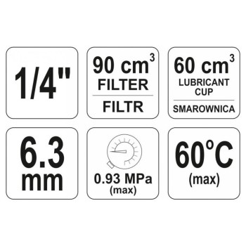 ​YATO YT-2385 pneumatikus levegőszűrő nyomásszabályzóval és kenőtartállyal 1/4'' 90 cm³