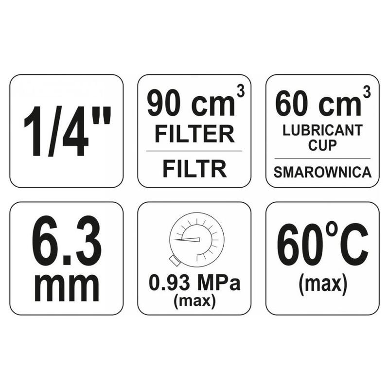 ​YATO YT-2385 pneumatikus levegőszűrő nyomásszabályzóval és kenőtartállyal 1/4'' 90 cm³