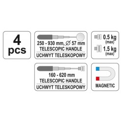 YATO Vizsgáló tükör készlet 4 részes teleszkópos (tükör+mágneses felszedő) (YT-0662) YATO Vizsgáló tükör készlet 4 részes teleszkópos (tükör+mágneses felszedő) (YT-0662)