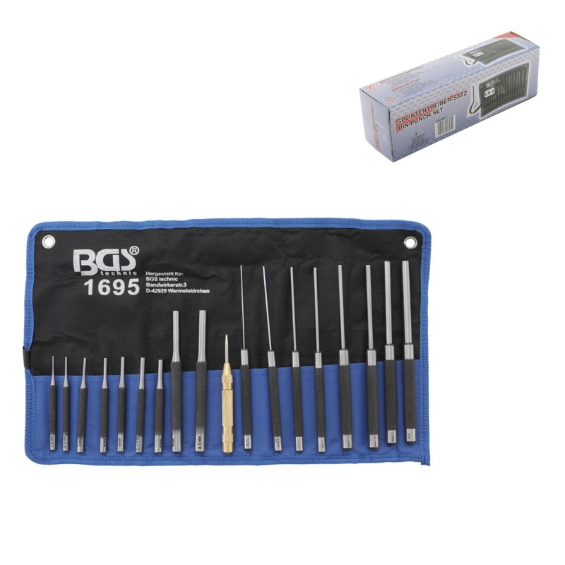 Sasszegkiütő készlet , 100-150-200 mm , 1,5 - 9,5 mm , pontozóval együtt , 18 darabos (BGS-1695) Sasszegkiütő készlet , 100-150-200 mm , 1,5 - 9,5 mm , pontozóval együtt , 18 darabos (BGS-1695)