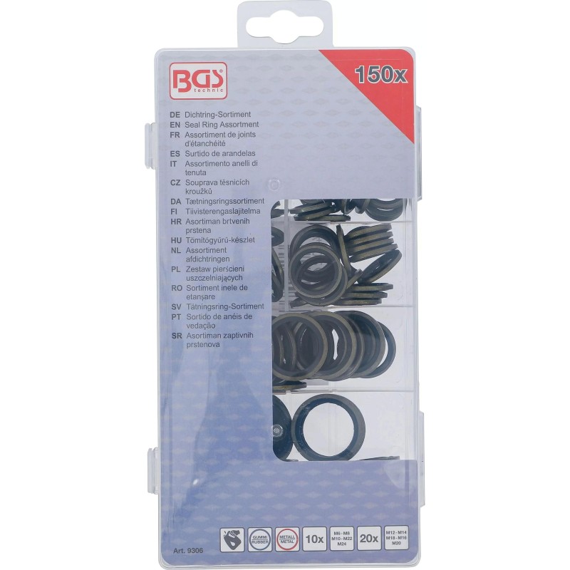 Tömítőgyűrű-készlet , Fém , gumi tömítőperemmel , 150 darabos (BGS-9306) Tömítőgyűrű-készlet , Fém , gumi tömítőperemmel , 150 darabos (BGS-9306)