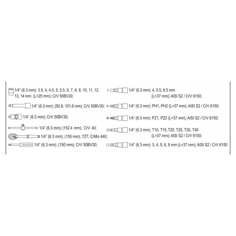 YATO Dugókulcs készlet 38 részes 1/4' 3,5-14 mm CrV (YT-14471)