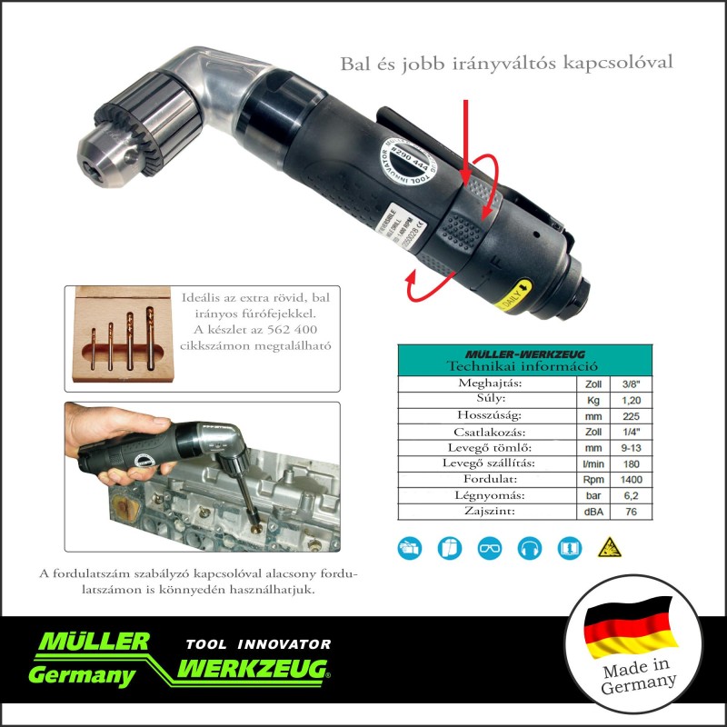 Levegős fúrógép - hajlított fejjel 3/8" - 1400 RPM 6,2 bar (MLR-290 444)