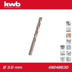 Csigafúró 3,0 mm HSS-G Co5 DIN 338 Twist, profi - KWB (49248630) Csigafúró 3,0 mm HSS-G Co5 DIN 338 Twist, profi - KWB (49248630)