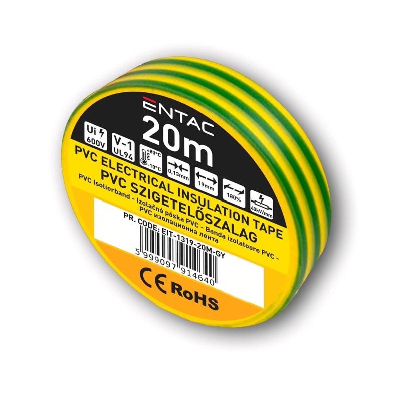 Szigetelőszalag 20m zöld-sárga 0.13x19 mm - Entac (EIT-1319-20M-GY)