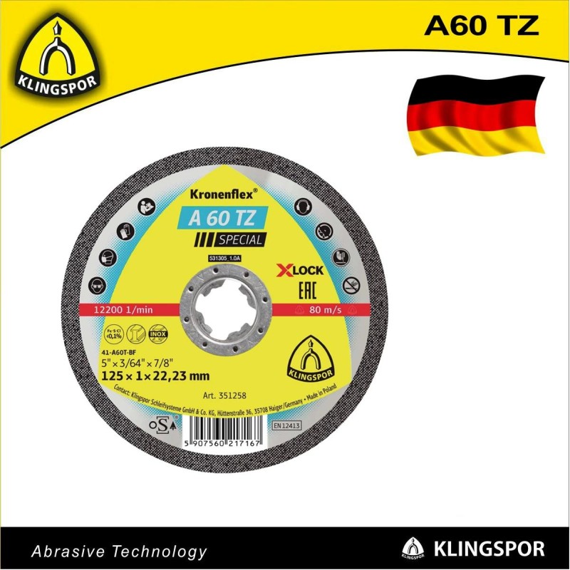 Vágókorong 125 x 1.0 x 22.23 mm INOX 80m/s - X-Lock A 60TZ - Klingspor (351258)