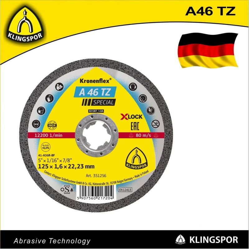 Vágókorong 125 x 1.6 x 22.23 mm INOX 80m/s - X-Lock A 60TZ - Klingspor (351256)