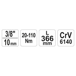 YATO Nyomatékkulcs 3/8' 20-110 Nm / 342-360 mm CrV (YT-0750) YATO Nyomatékkulcs 3/8' 20-110 Nm / 342-360 mm CrV (YT-0750)