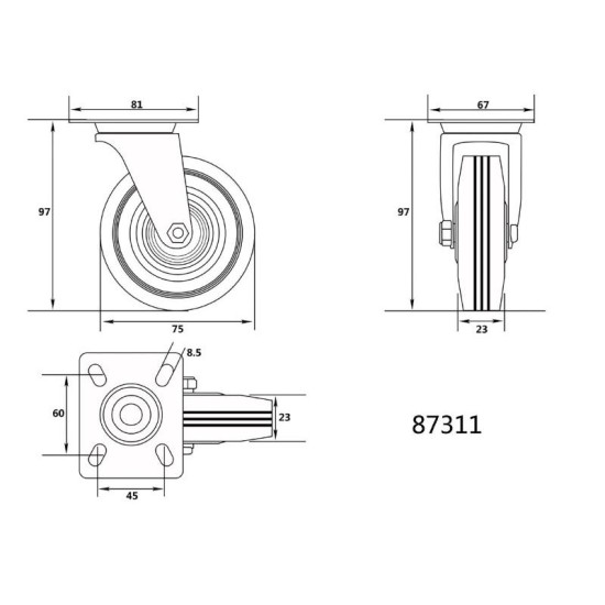 VOREL Ipari kerék forgóvillás 75 mm 75 kg (87311) VOREL Ipari kerék forgóvillás 75 mm 75 kg (87311)
