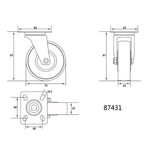 VOREL Ipari kerék forgóvillás 75 mm 40 kg (87431)