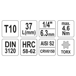 YATO Bit dugókulcs Torx 1/4' T10 CrV (YT-04302) YATO Bit dugókulcs Torx 1/4' T10 CrV (YT-04302)