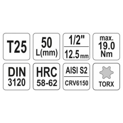 YATO Bit dugókulcs Torx 1/2' T25 CrV (YT-04311) YATO Bit dugókulcs Torx 1/2' T25 CrV (YT-04311)