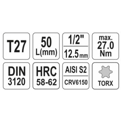 YATO Bit dugókulcs Torx 1/2' T27 CrV (YT-04312) YATO Bit dugókulcs Torx 1/2' T27 CrV (YT-04312)