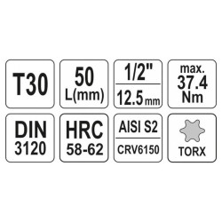 YATO Bit dugókulcs Torx 1/2' T30 CrV (YT-04313)