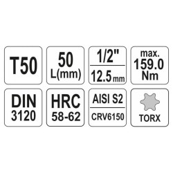 YATO Bit dugókulcs Torx 1/2' T50 CrV (YT-04316) YATO Bit dugókulcs Torx 1/2' T50 CrV (YT-04316)