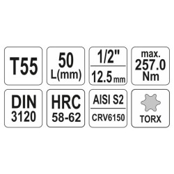 YATO Bit dugókulcs Torx 1/2' T55 CrV (YT-04317) YATO Bit dugókulcs Torx 1/2' T55 CrV (YT-04317)