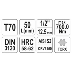 YATO Bit dugókulcs Torx 1/2' T70 CrV (YT-04319) YATO Bit dugókulcs Torx 1/2' T70 CrV (YT-04319)