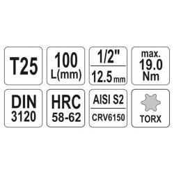YATO Hosszú bit dugókulcs Torx 1/2' T25 CrV (YT-04321) YATO Hosszú bit dugókulcs Torx 1/2' T25 CrV (YT-04321)