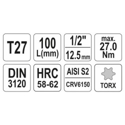 YATO Hosszú bit dugókulcs Torx 1/2' T27 CrV (YT-04322) YATO Hosszú bit dugókulcs Torx 1/2' T27 CrV (YT-04322)