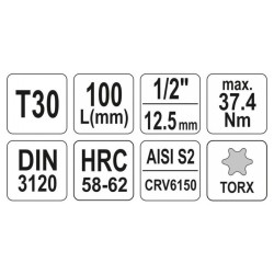YATO Hosszú bit dugókulcs Torx 1/2' T30 CrV (YT-04323)